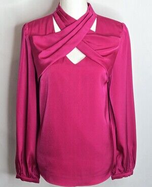 Strut & Bolt Magenta Satin Twist Neck Cutout Blouse Long Sleeve Mock Neck NWT M